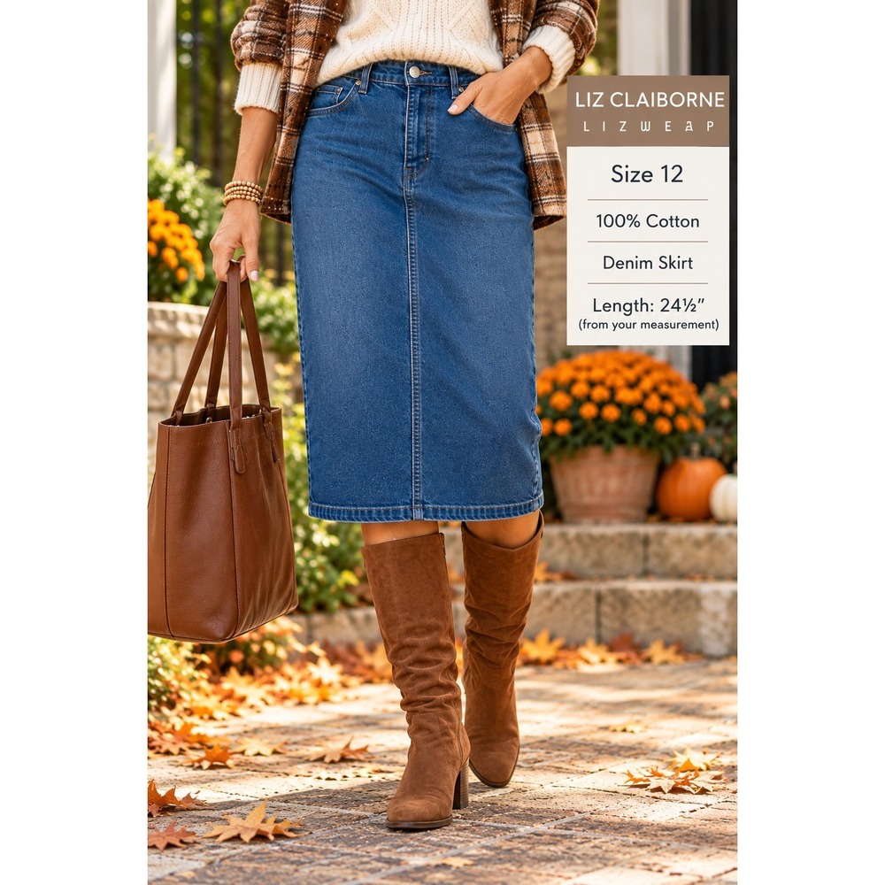 Liz Claiborne Lizwear Denim Midi Skirt Size 12 Medium Wash Cotton Straight Blue